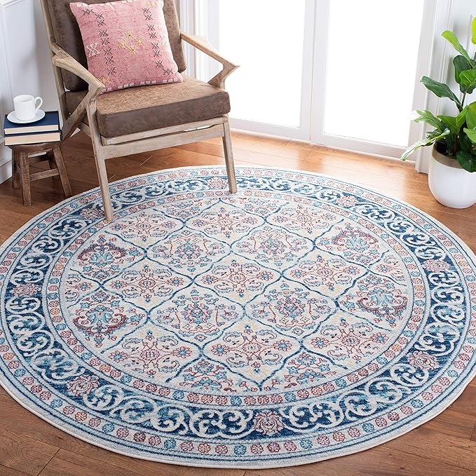SAFAVIEH Brentwood Collection 6'7" Round Beige / Navy BNT870B Oriental Damask Trellis Non-Shedding Dining Room Entryway Foyer Living Room Bedroom Area Rug