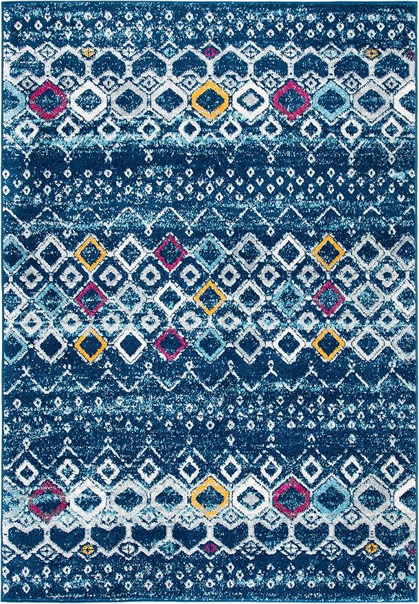 SAFAVIEH Amsterdam Collection Accent Rug - 3' x 5', Navy & Turquoise, Moroccan Boho Design, Non-Shedding & Easy Care, Ideal for High Traffic Areas in Entryway, Living Room, Bedroom (AMS108M)