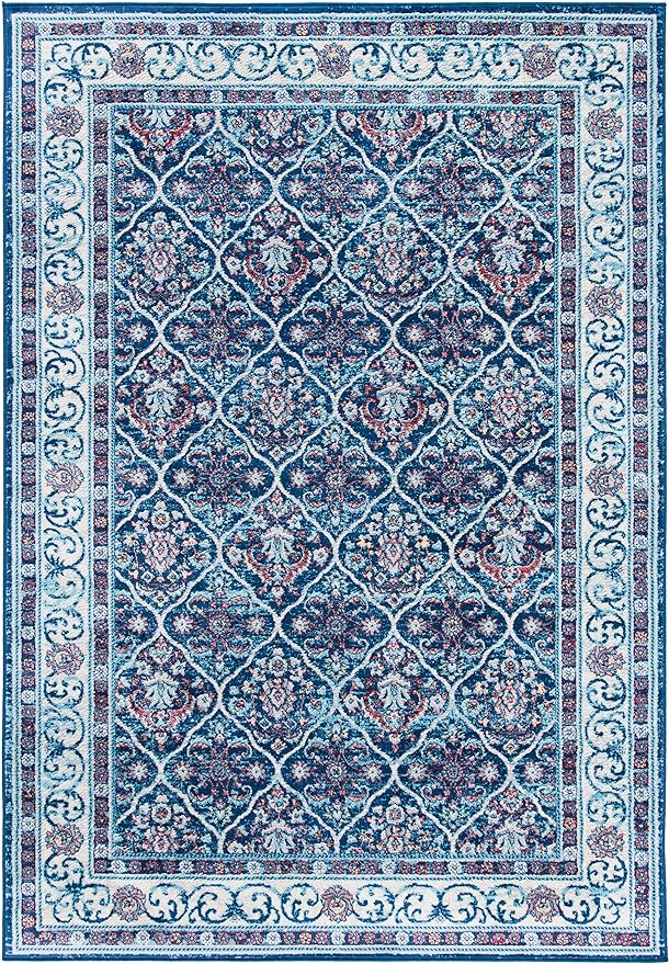 SAFAVIEH Brentwood Collection 4' x 6' Navy / Red BNT870N Oriental Damask Trellis Non-Shedding Living Room Bedroom Accent Rug