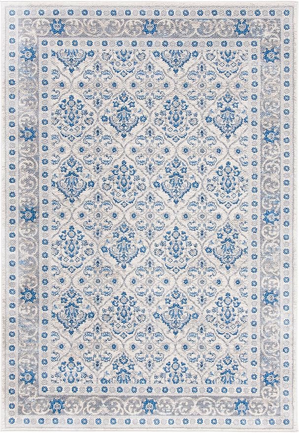SAFAVIEH Brentwood Collection 6' x 9' Ivory/Blue BNT870A Oriental Damask Trellis Non-Shedding Living Room Bedroom Dining Home Office Area Rug