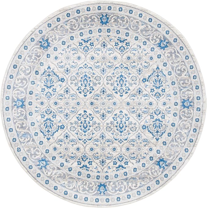 SAFAVIEH Brentwood Collection Area Rug - 6'7" Round, Ivory & Blue, Oriental Damask Trellis Design, Non-Shedding & Easy Care, Ideal for High Traffic Areas in Living Room, Bedroom (BNT870A)