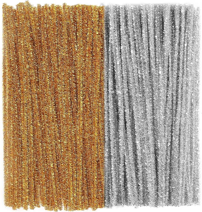 Caydo 200 Pieces Glitter Golden & Silver Pipe Cleaners, Thick Fluffy Chenille Stems, Pipe Cleaner Crafts for Arts & Crafts, Perfect for Making Animals, Flowers, and Easter Decorations