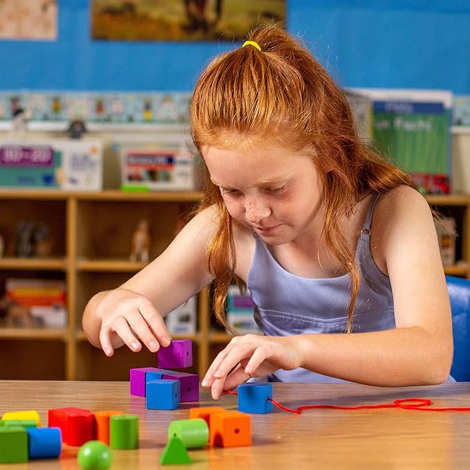 Stages Sensory Builder Colorful Wooden Stringing Beads in Wooden Storage Tray, 24 Beads and 2 Strings, for Developing fine Motor Skills and Hand Eye Coordination