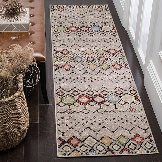 SAFAVIEH Amsterdam Collection Runner Rug - 2'3" x 22', Light Grey & Multi, Moroccan Boho Design, Non-Shedding & Easy Care, Ideal for High Traffic Areas in Living Room, Bedroom (AMS108G)