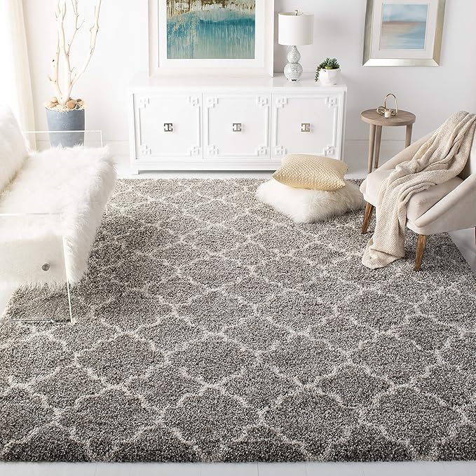 SAFAVIEH Hudson Shag Collection Area Rug - 9' x 12', Grey & Ivory, Moroccan Trellis Design, Non-Shedding & Easy Care, 2-inch Thick Ideal for High Traffic Areas in Living Room, Bedroom (SGH282B)