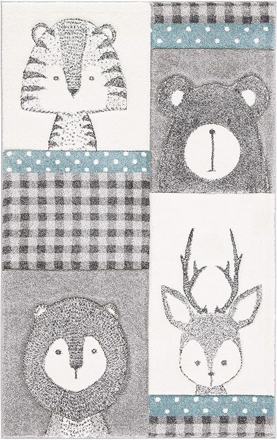 SAFAVIEH Carousel Kids Collection Accent Rug - 2' x 3', Grey & Ivory, Animal Design, Non-Shedding & Easy Care, Ideal for High Traffic Areas for Boys & Girls in Playroom, Nursery, Bedroom (CRK188B)