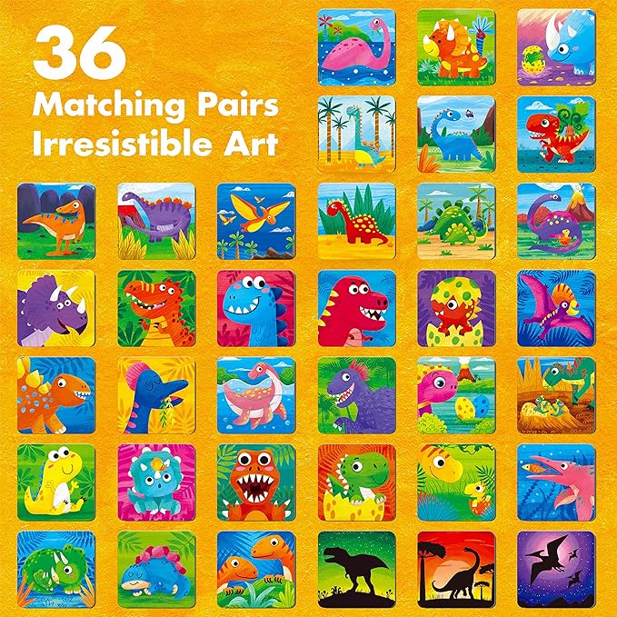Hebayy Memory Matching Game, 72 PCS Dinosaurs Matching Cards for Toddlers 36 Pairs Memory Cards Educational Toys for Preschool 4 5 6 Years Old