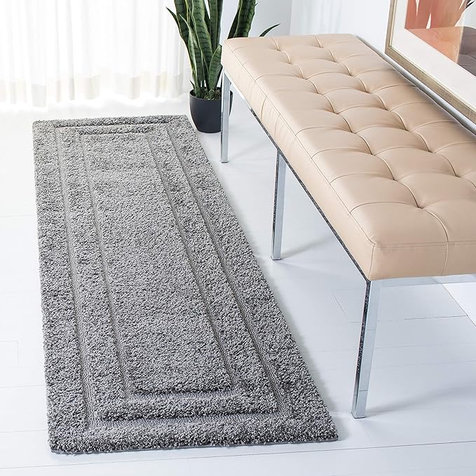 SAFAVIEH Florida Shag Collection Runner Rug - 2'3" x 11', Grey & Grey, Border Design, Non-Shedding & Easy Care, 1.2-inch Thick Ideal for High Traffic Areas in Living Room, Bedroom (SG454-8080)