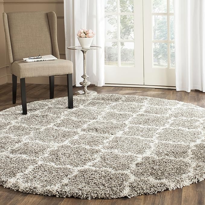 SAFAVIEH Hudson Shag Collection 7' Round Grey/Ivory SGH282B Moroccan Trellis Non-Shedding Living Room Bedroom Dining Room Entryway Plush 2-inch Thick Area Rug