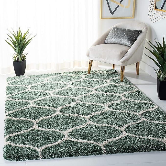 SAFAVIEH Hudson Shag Collection Accent Rug - 4' x 6', Light Green & Ivory, Trellis Design, Non-Shedding & Easy Care, 2-inch Thick Ideal for High Traffic Areas in Foyer, Living Room, Bedroom (SGH280X)