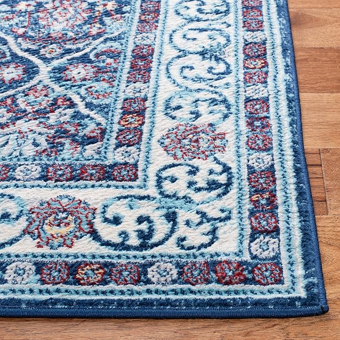 SAFAVIEH Brentwood Collection 2' x 8' Navy / Red BNT870N Oriental Damask Trellis Non-Shedding Living Room Entryway Foyer Hallway Bedroom Runner Rug