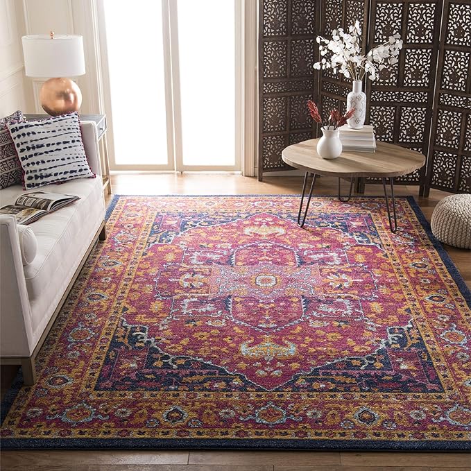 SAFAVIEH Evoke Collection 5'1" x 7'6" Fuchsia / Orange EVK275S Oriental Medallion Distressed Non-Shedding Living Room Bedroom Area Rug