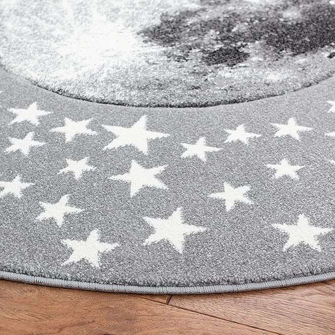 SAFAVIEH Carousel Kids Collection 6'7" Round Light Grey/White CRK135F Moon and Stars Non-Shedding Nursery Playroom Area Rug