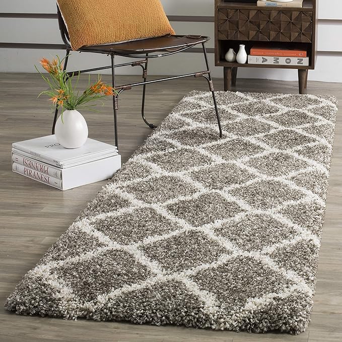 SAFAVIEH Hudson Shag Collection Runner Rug - 2'3" x 6', Grey & Ivory, Moroccan Trellis Design, Non-Shedding & Easy Care, 2-inch Thick Ideal for High Traffic Areas in Living Room, Bedroom (SGH283B)