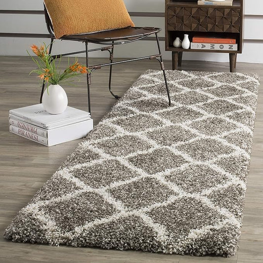 SAFAVIEH Hudson Shag Collection Runner Rug - 2'3" x 14', Grey & Ivory, Moroccan Trellis Design, Non-Shedding & Easy Care, 2-inch Thick Ideal for High Traffic Areas in Living Room, Bedroom (SGH283B)