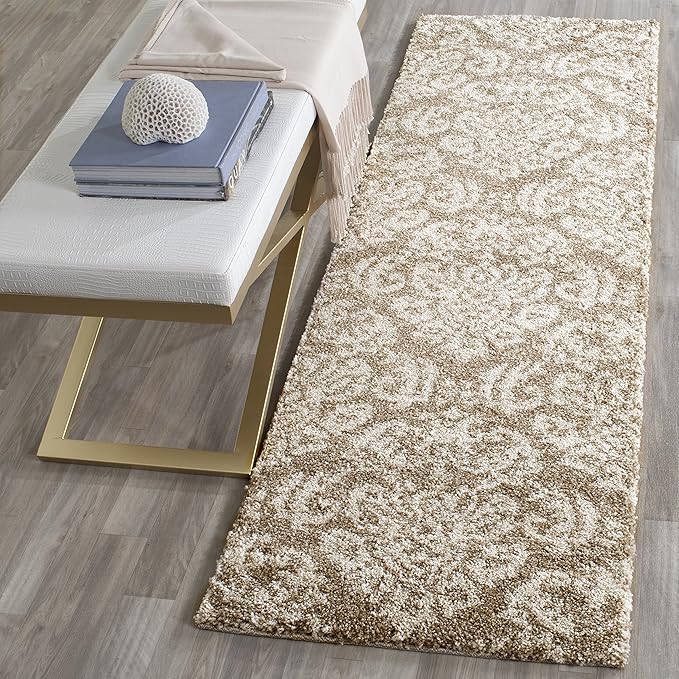 SAFAVIEH Florida Shag Collection Runner Rug - 2'3" x 19', Beige & Cream, Damask Design, Non-Shedding & Easy Care, 1.2-inch Thick Ideal for High Traffic Areas in Living Room, Bedroom (SG460-1311)