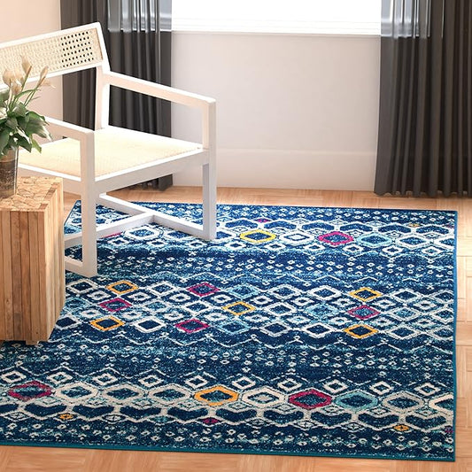 SAFAVIEH Amsterdam Collection 3' Square Navy/Turquoise AMS108M Moroccan Boho Non-Shedding Living Room Bedroom Entryway Accent Rug