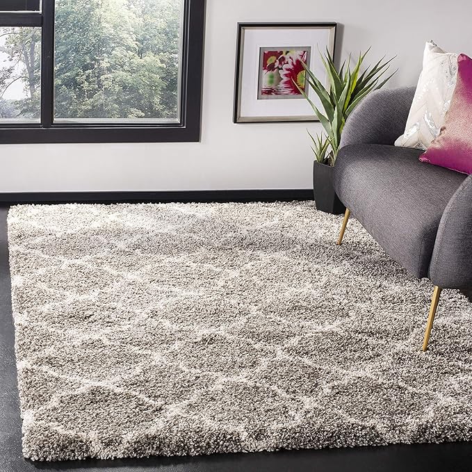SAFAVIEH Hudson Shag Collection Area Rug - 9' x 12', Grey & Ivory, Moroccan Trellis Design, Non-Shedding & Easy Care, 2-inch Thick Ideal for High Traffic Areas in Living Room, Bedroom (SGH282B)