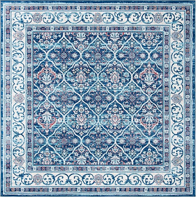 SAFAVIEH Brentwood Collection 6'7" Square Navy / Red BNT870N Oriental Damask Trellis Non-Shedding Living Room Bedroom Area Rug