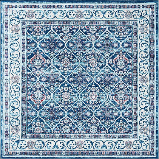SAFAVIEH Brentwood Collection 6'7" Square Navy / Red BNT870N Oriental Damask Trellis Non-Shedding Living Room Bedroom Area Rug