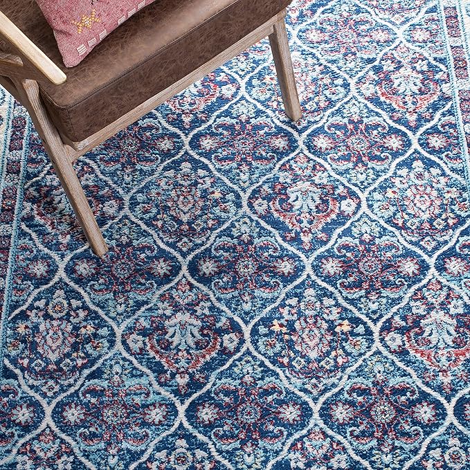 SAFAVIEH Brentwood Collection 6'7" Square Navy / Red BNT870N Oriental Damask Trellis Non-Shedding Living Room Bedroom Area Rug