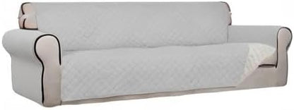 PureFit Reversible Quilted Sofa Cover, Water Resistant Slipcover Furniture Protector, Washable Couch Cover with Non Slip and Elastic Straps for Kids, Dogs, Pets (XX Large, Light Gray/Ivory)