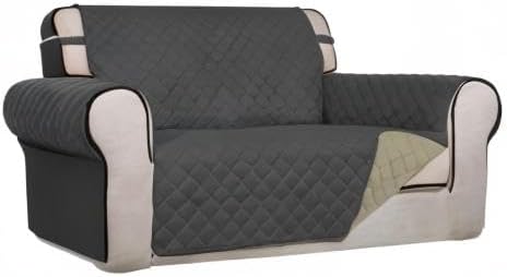 PureFit Reversible Quilted Sofa Cover, Water Resistant Slipcover Furniture Protector, Washable Couch Cover with Non Slip and Elastic Straps for Kids, Dogs, Pets (Loveseat, Dark Gray/Beige)