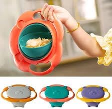 BPA Free Anti Spill 360 Rotate Gyro Bowl for Babies, Universal Kids Feeding Tableware (Orange/Green), Small