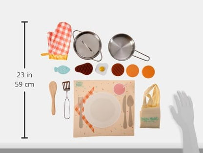 Story Magic Wooden Cooking Playset, 10+ Piece Wood Food & Stainless Steel Kids Cooking Pretend Play Kitchen Food Set, Toy Food for Kids Kitchen Set, Pretend Food, Toy Food for Toddlers & Kids Ages 4+