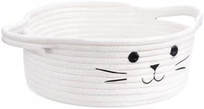 Small Woven Basket, Cute Cat Toy Basket for Living Room, Decorative Nursery Bin for Toys, Diapers, Empty Gift Baskets for Baby, White, 9.8 x 4 inches