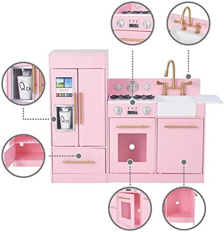 Teamson Kids Little Chef Charlotte 2-Piece Modular Wooden Play Kitchen with Icemaker and Ample Storage, Pink with Gold Hardware