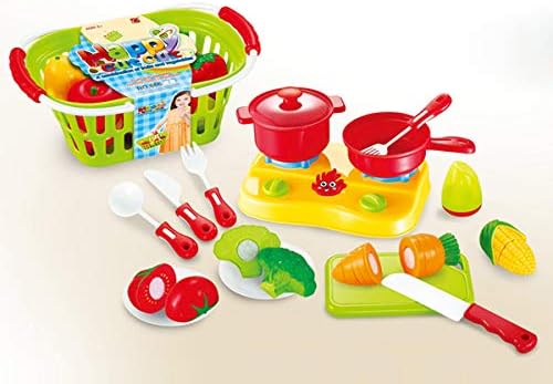 PowerTRC Kitchen Cutting Food Playset for Kids | Includes Vegetables, Fruits, Cooking & Eating Utensils | Comes with Portable Storage Basket