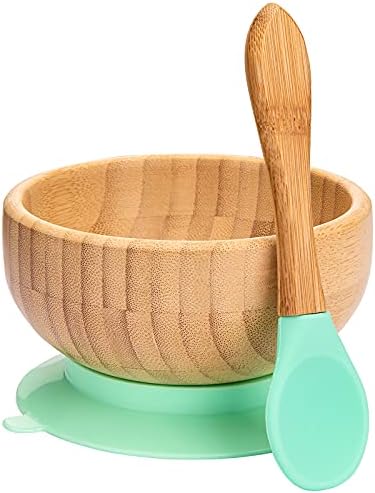 Baby Bowls and Spoons, Baby Bamboo Bowl and Spoon | Silicone Suction | Bamboo Baby Bowls for Baby | Baby Bowls First Stage | Baby Wood Bowls (Cyan-Blue)