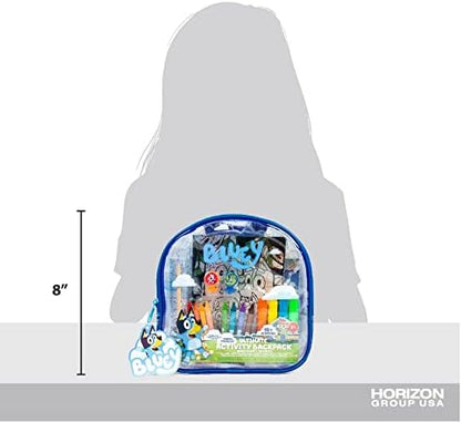 Bluey Ultimate Activity Backpack, 10+ Activities, Includes Backpack with 4 Sticker Suncatchers with 4 Suction Cups, 4 Surprise Scratch Arts, 2 Velv-its Posters, 1 Coloring Roll, 4 Markers, Kid Gifts
