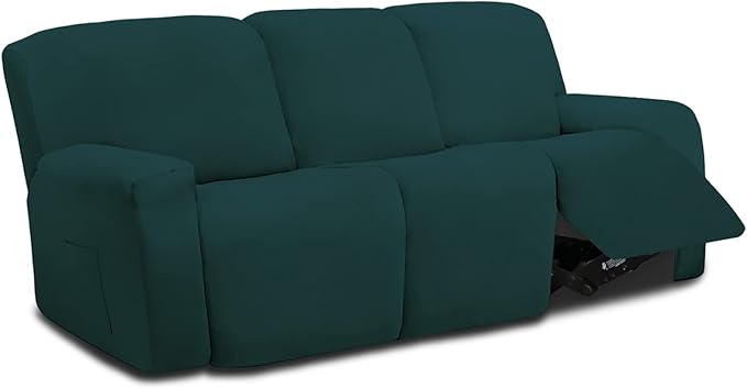 Easy-Going 8 Pieces Microfiber Stretch Sectional Recliner Sofa Slipcover Soft Fitted Fleece 3 Seats Couch Cover Washable Furniture Protector with Elasticity for Kids Pet(Recliner Sofa, Deep Teal)