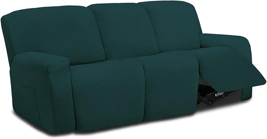 Easy-Going 8 Pieces Microfiber Stretch Sectional Recliner Sofa Slipcover Soft Fitted Fleece 3 Seats Couch Cover Washable Furniture Protector with Elasticity for Kids Pet(Recliner Sofa, Deep Teal)