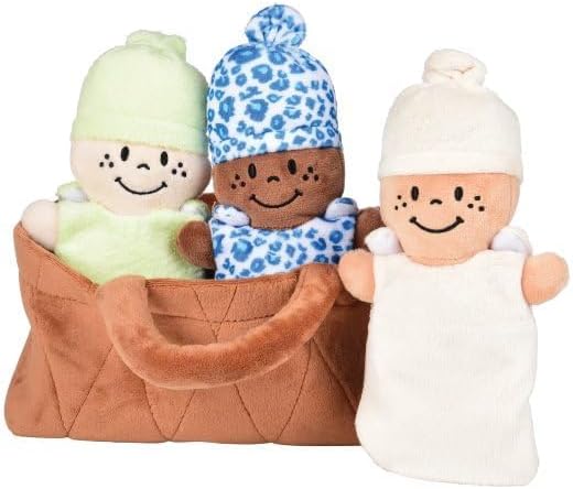 Creative Minds Basket of Babies with 3 Super Soft 9" Plush Doll Toys for Kids, Multicultural Sensory Babies Toy Set with Basket, Green, White, Blue
