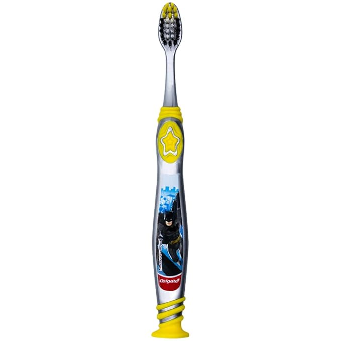Colgate Batman Toothbrush for Children with Suction Cup, Kids 5+ Years Old, Extra Soft (Colors Vary) - Pack of 2