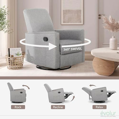 Evolur Raleigh Glider in Light Grey, Upholstered Plush Seating 360° Swivel Glider Rocking Chair, FSC Certified, Greenguard Gold & JPMA Certified Nursery Glider Recliner