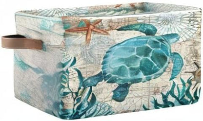 Sea Turtle Retro Map Storage Basket Bin Nautical Ocean Starfish Large Fabric Toys Storage Cube Box with Handles Collapsible Closet Shelf Cloth Organizer Basket for Nursery Bedroom Gift