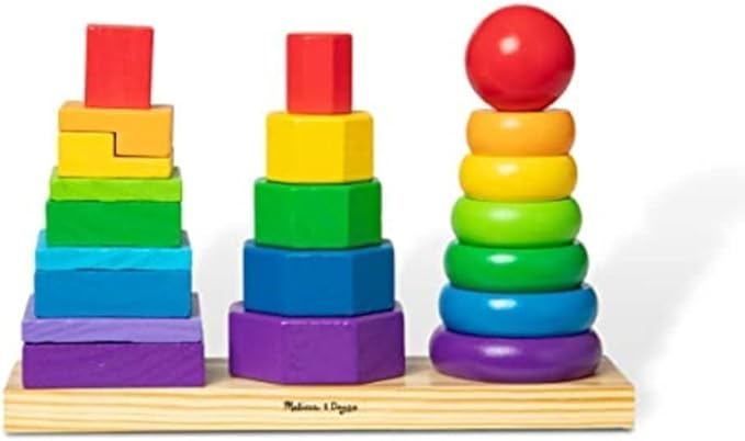 Melissa & Doug Geometric Stacker - Wooden Educational Toy & Shape Sorting Cube - Classic Wooden Toy with 12 Shapes