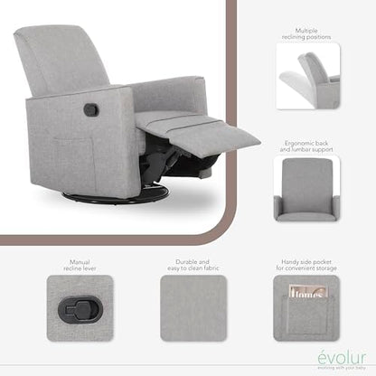 Evolur Raleigh Glider in Light Grey, Upholstered Plush Seating 360° Swivel Glider Rocking Chair, FSC Certified, Greenguard Gold & JPMA Certified Nursery Glider Recliner