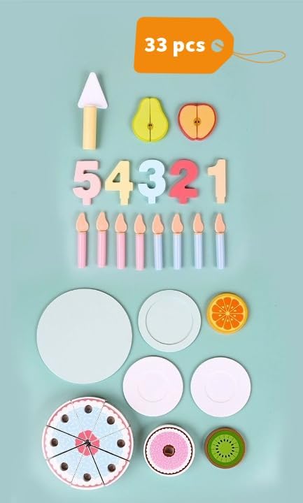 Wooden Birthday Cake Toy Set for Kids, 33 PCS Pretend Play Food, 5" Cake with Candles Fresh Fruit Plate Number 1-5, Wooden Play Kitchen Accessories