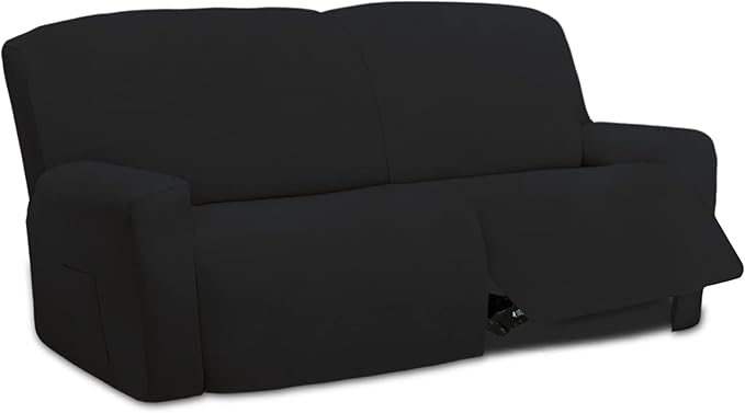 Easy-Going Oversized 6 Pieces Microfiber Stretch Sectional Recliner Loveseat Sofa Slipcover Soft Fitted Fleece 2 Seats Couch Cover Washable Furniture Protector with Elasticity for Kids Pet Black