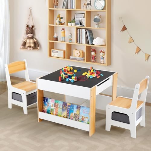 Asweets Kids Table and Chair Set,4 in 1 Toddler Desk with Storage Drawer,Wooden Activity Table for 2 in 1 Detachable Tabletop,Bookshelve,Suitable for Classroom,Home, Nursery, Playroom (Pure White)