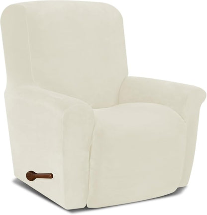 AZON Velvet Stretch Recliner Chair Cover,1-Piece Washable Recliner Couch Cover with Elastic Furniture Protector for Pets, Kids(Recliner, Ivory)