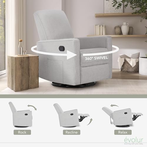 Evolur Raleigh Glider in Fog, Upholstered Plush Seating 360° Swivel Glider Rocking Chair, FSC Certified, Greenguard Gold & JPMA Certified Nursery Glider Recliner