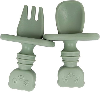 Baby Spoons and forks set, Silicone, Self Feeding pack of 2, Toddler spoon and fork set, Baby Led Weaning Supplies, First Stage Baby Essentials, Safe To Use, Gentle Teethers- (Earthy colors)