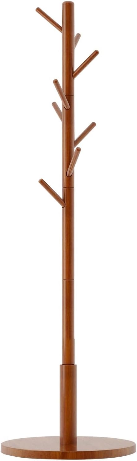 Wood Coat Rack Freestanding, Coat Stand with 8 Hooks, Kids Coat Tree with 3 height options and Sturdy Base, Rustic Coat Rack Small Hall Tree Brown YD-1008