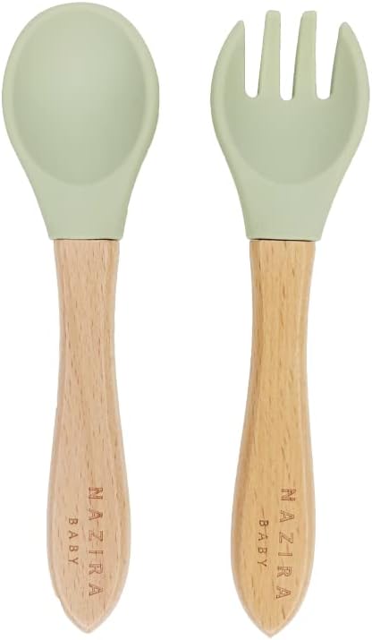 Baby Self Feeding All Natural Beech Wood Fork and Spoon Set - BPA Free, Toddler Tableware, Suitable For Stage 1 Babies - Soft Curved Food Grade Silicone Head (Magic Mint)
